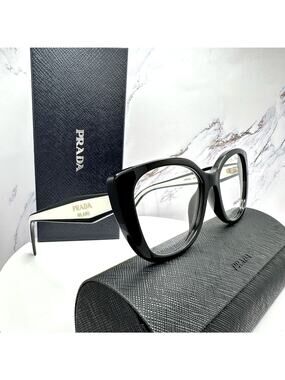 New PRADA Eyeglasses Cat Eye Black White Gold 53-17-140 Womens
